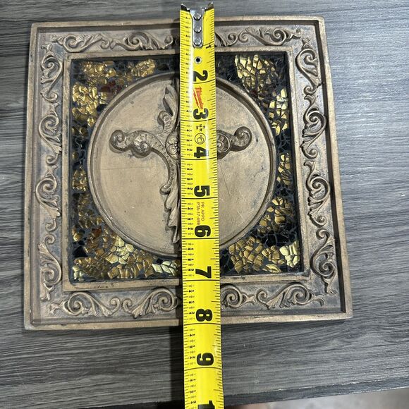 Vintage Medieval Stained Glass Art Wall Hanging Picture with Round Square Cross - Picture 5 of 10